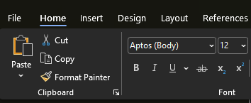 Screenshot of font menu and size location in the Microsoft Word ribbon