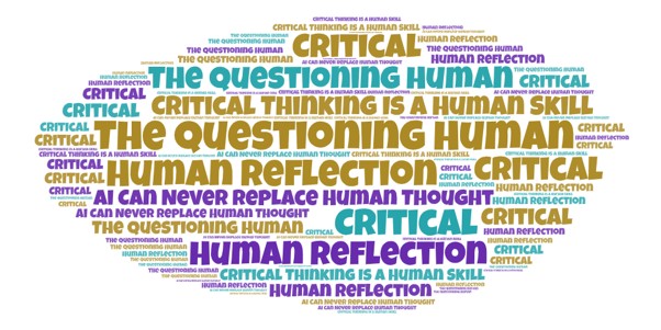 Words in the shape of a brain saying 'human reflection', 'critical thinking', 'the questioning human'