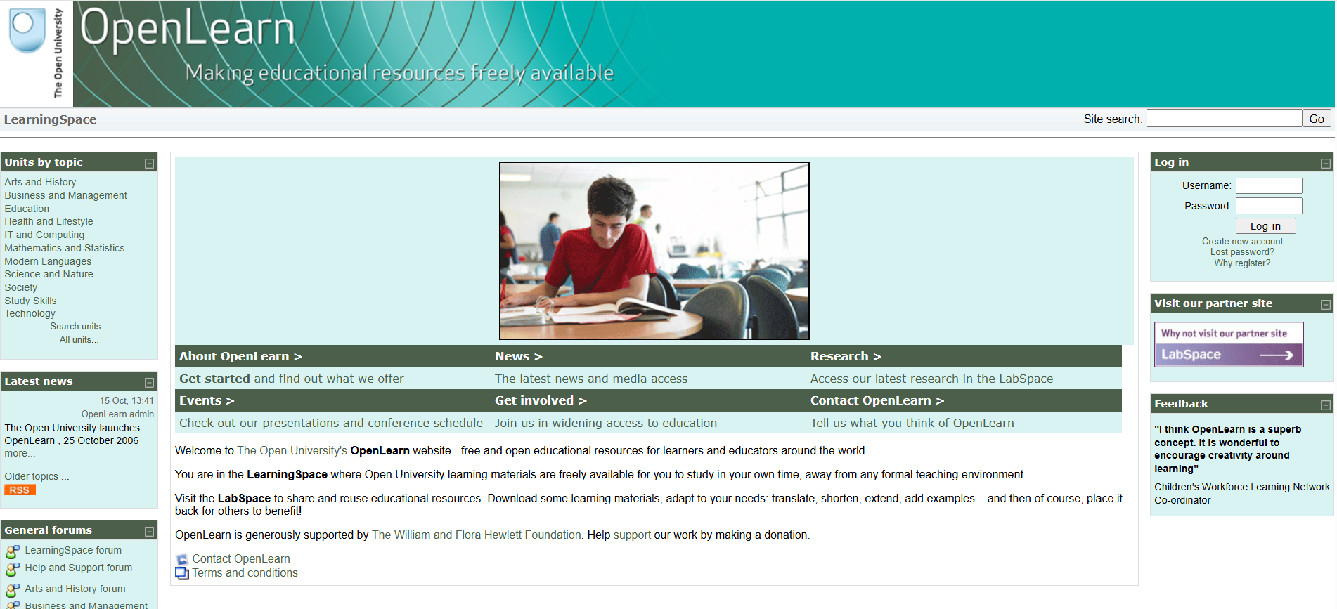 The 2006 OpenLearn homepage. 