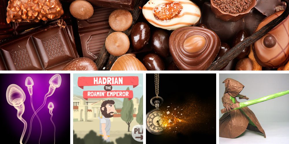 Montage of chocolate, sperm, Hadrian the Roamin' Emperor interactive. time travel concept and an oragami Jedi