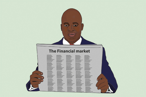 The image is of a businessman looking at the market section of a newspaper.