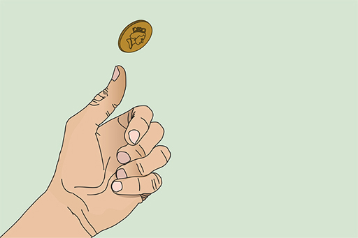The image is of a hand tossing a coin.