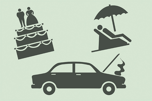 This illustration shows a wedding cake, a person relaxing on holiday and a car which has broken down.