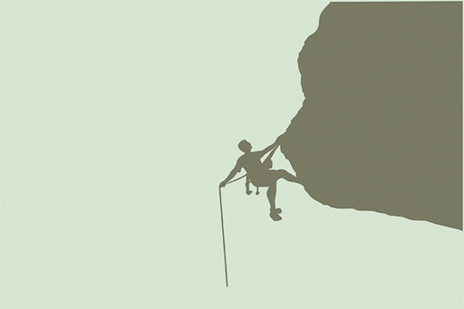 The image is a drawing of a climber on a rope on the side of a mountain.