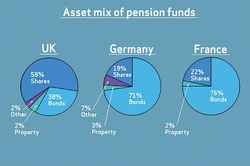 3 pie charts of the asset mix held by pension funds in the UK, Germany and France.