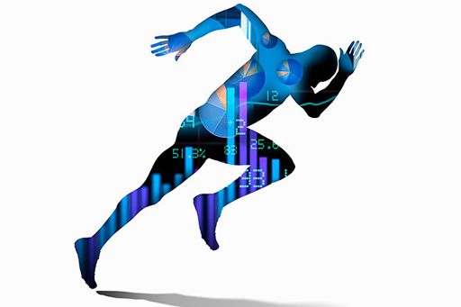 The image is a drawing of a sprinter with numbers, percentages and pie charts portrayed on the body.