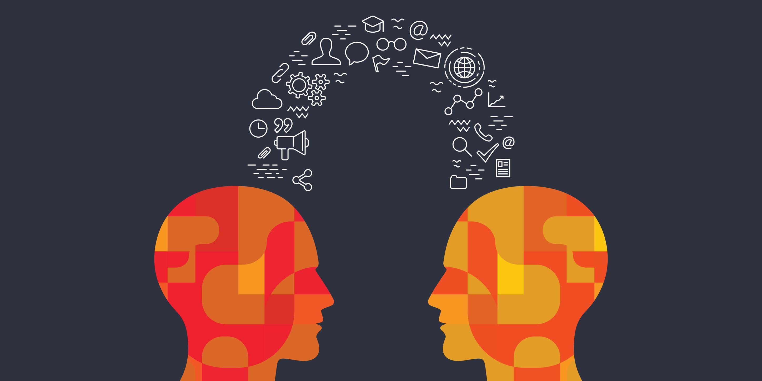 illustration of two human heads with icons for experience/knowledge exchange