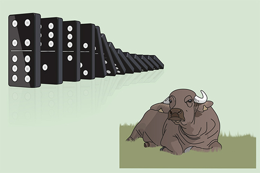 This illustration shows some dominos falling over and a cow sitting on some grass.