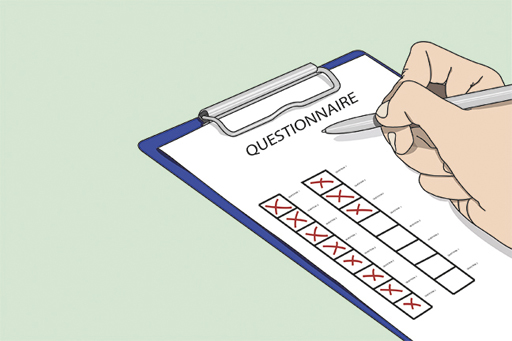 This illustration shows a hand holding a pen as it crosses boxes off on a questionnaire.