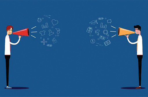 A cartoon of two characters shouting at one another using loud speakers.