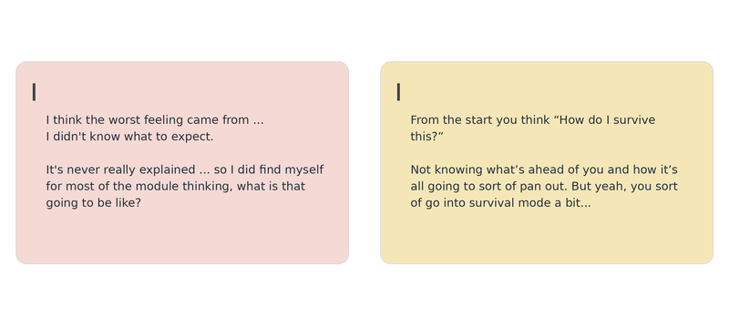 Two student quotations in pastel pink and yellow speech bubbles describing anxiety about collaborative learning.