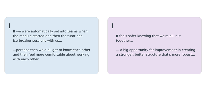 Two student quotations in pastel blue and lavender speech bubbles suggesting ways to make group learning more comfortable.