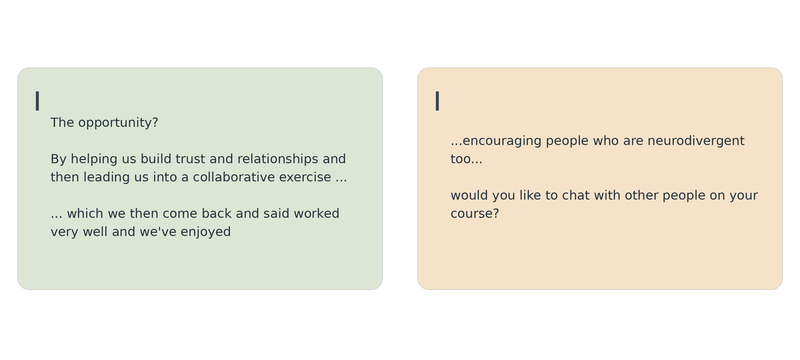 Two student quotations in pastel green and peach speech bubbles exploring ways to create more inclusive learning environments.