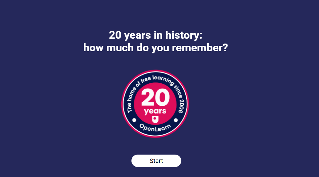 Launch page of the 20 years in history interactive quiz.