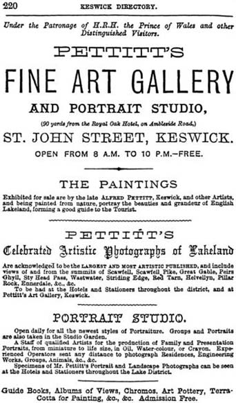 Advert for Pettit's Fine Art Gallery in the Lake District