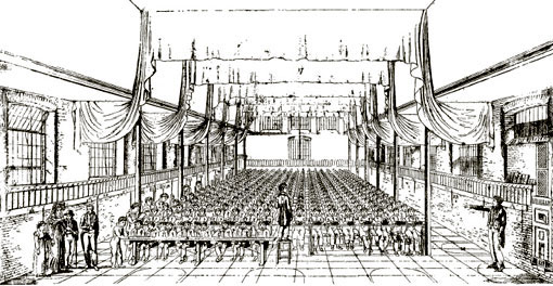 The monitorial system in action, Interior of the Central School of the British and Foreign School Society, London, from Paul Monroe, A Cyclopedia of Education, New York, Macmillan, 1913.