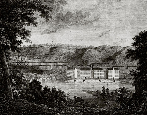 Robert Scott, New Lanark, c.1799, engraving, National Monuments Record of Scotland. This is the earliest representation of New Lanark. It shows, from the west bank of the Clyde, the mills and village as they would have appeared towards the end of the Dale regime