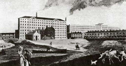 Thomas Slack, Pollard and Kennedy Mills, Ancoats Lane, Manchester, c.1830, Chethams Library, Manchester. This early nineteenth-century engraving shows two large steam-powered cotton mills of the type and scale managed in the 1790s by Owen for Peter Drinkwater and for the Chorlton Twist Company.