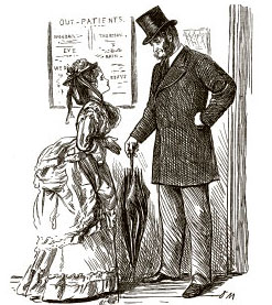 Figure 2 The caption to this cartoon, entitled The Coming Race, reads: ‘Doctor Evangeline: “By the bye, Mr Sawyer, are you engaged tomorrow afternoon? I have rather a ticklish operation to perform – an amputation, you know.” Mr Sawyer: “I shall be very happy to do it for you.” Doctor Evangeline: “O, no, not that! But will you kindly come and administer the chloroform for me?”’ The humour rests on the way the cartoon turns on its head the stereotype of the helpless woman and strong man. It portrays a ‘comic’ situation – where a fashionably dressed, small female doctor claims greater surgical competence than a man. At the same time, it accurately captures the way doctors did ask each other for help in administering anaesthetics. The cartoonist reflects the ambiguous views held of women doctors. In the 1870s, when only a few women were training as practitioners, they were depicted as small, elaborately dressed feminine figures. By 1900, when a small number of women were practising successfully, a more ‘mannish’ stereotype emerged, wearing a plain skirt and masculine jacket. She was often the butt of the joke.