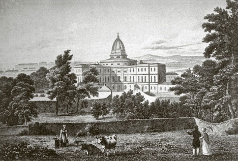 Figure 8 The first Glasgow Asylum for Lunatics, at Parliamentary Road, Dobbie's Loan, opened in 1814 and renamed the Glasgow Royal Asylum after it acquired a royal charter in 1824. This engraving underlines the representation of the asylum as a rural retreat. Clearly, the site was selected because of its appreciable remove from the urban sprawl of Scotland's rapidly expanding second city. The architect, William Stark, and its directors and staff, certainly claimed common ground with the ethos of the Retreat. This engraving was reproduced repeatedly to publicise the asylum, even after it had been rebuilt in Tudor-Gothic style on a new site at Gartnavel, Glasgow (where it remains to this day)
