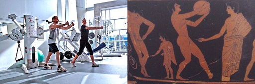 Figure 5 Left image: people training in a modern gym. Right image: scene from an Ancient Greek gymnasion (Berlin Staatliche Museen, Preussischer Kulturbesitz, Antikensammlung inv. no. F2180).