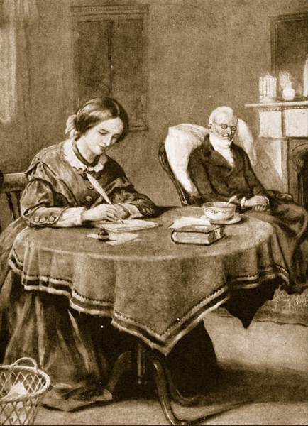 Charlotte Brontë working on Jane Eyre (litho)