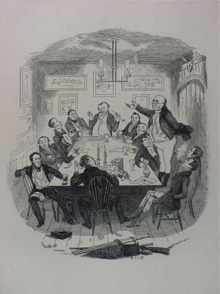 Mr Pickwick addresses the club, illustration from The Pickwick Papers by Charles Dickens (1812-1870), published 1837, litho, Hablot Knight Browne (1814-1892)