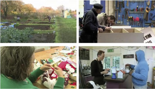 This figure is a collage of four photographs showing people working at Restore. Left to right and top to bottom, they are: gardening – someone working on a plot of land divided into beds containing vegetables; carpentry – two people leaning over a wooden bookcase, with a rack of tools in the background; craft work – someone creating something from different pieces of fabric; café work – two people interacting across a café counter.