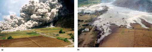 Figure 3 (a) The deadly pyroclastic flow on Montserrat in the Caribbean, 25 June 1997 (another view of the event in TYVET Figure 5.8). (b) The thin deposit left by the pyroclastic flow in (a).