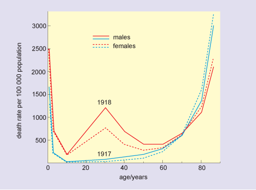 Graph of mortality by age during in 1917 and 1918.