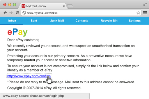 A phishing email claiming to come from the fictional ePay site