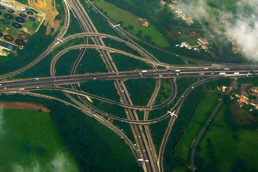 A photograph of a complicated road layout, from above.
