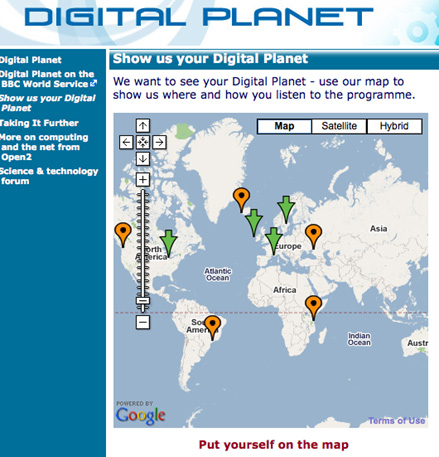 Screen image of Google world map with coloured markers