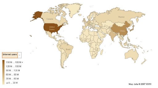 World choropleth map showing internet users