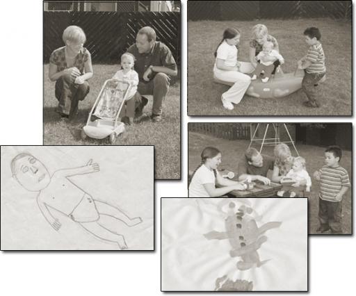 A montage of images of family, and two illustrations.