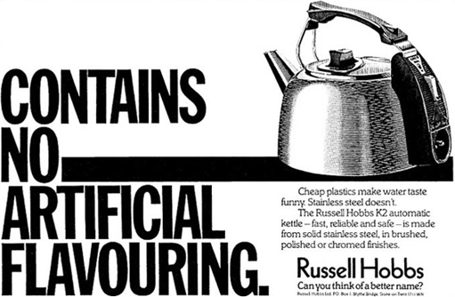 Advert for a Russell Hobbs stainless steel kettle