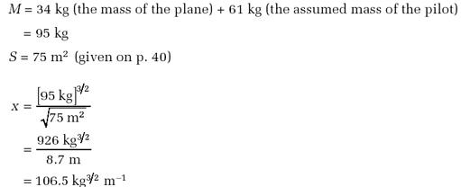 M = 34kg (the mass of the plane) + 61kg (the assumed mass of the pilot) = 95kg (S = 75m2- given earlier) x = [95 kg]3/2/ 75 m2= 926kg3/2/ 8.7m= 106.5 kg3/2m-1