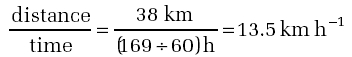 Distance/time = 38km/(16960)h = 13.5km h-1