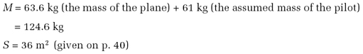 M = 63.6 kg (the mass of the plane) + 61 kg (the assumed mass of the pilot) = 124.6kg S = 36 m2(given earlier)