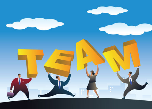 Cartoon-type image of four people, each holding up a letter to form the word ‘team’