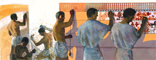 Preparing and painting the wall. Illustration by Chris Molan from The Tomb of Nebamun, The British Museum Press