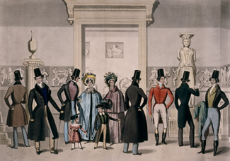Fashion plate showing ladies and gentleman in the British Museum with classical Greek art, c.1832