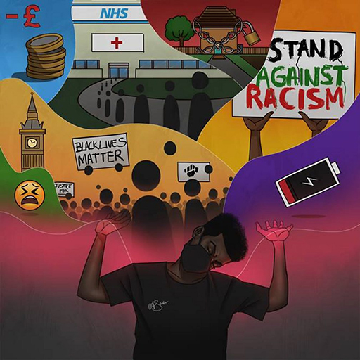This is an illustration of a black teenager holding on his shoulders items such as Black Lives Matters protests, a ‘Stand against racism’ sign, and the NHS.