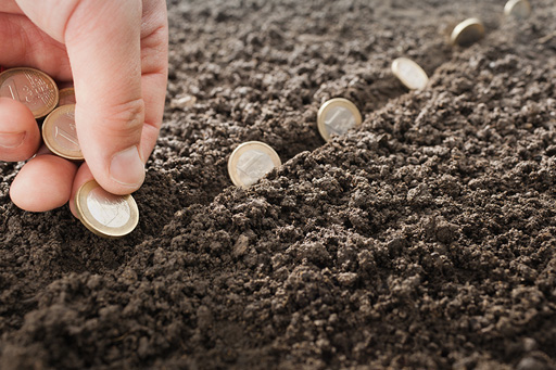 Close up view of a person's hand sowing pound coins like seeds in a row in the ground.
