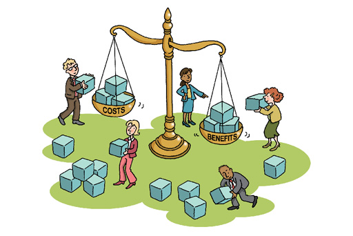 Illustration of people weighing metaphorical costs and benefits, represented by blue cubes, on a giant scale.