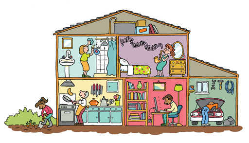 Illustration of the cross-section of a house with various people engaged in activities in each room.
