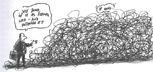 This cartoon shows a man looking at a large tangle of lines.