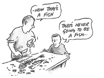 A cartoon of an adult and a child at a table on which there is a fish with its bones and head.