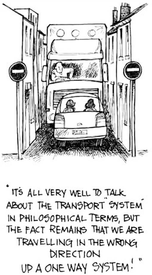 A cartoon of a car driving the wrong way in a one-way street, while a lorry driving the correct way.