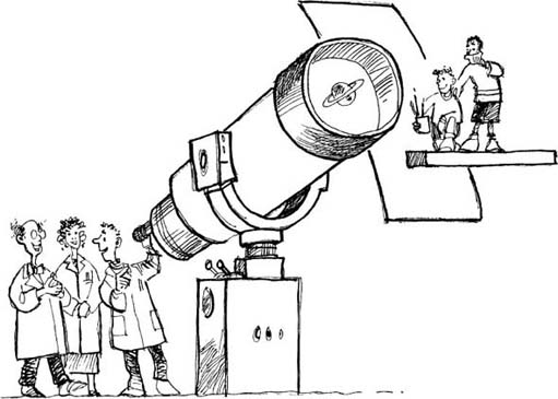 A cartoon of three scientists looking through a telescope.